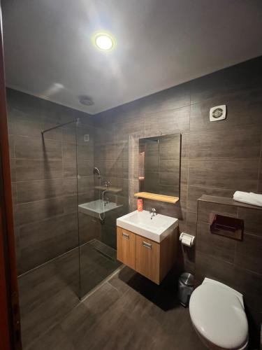 uma casa de banho com um WC, um lavatório e um chuveiro em Prenoćište SAMIR em Gradačac