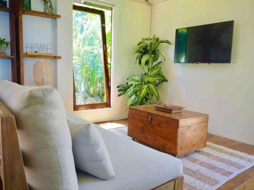 a living room with a couch and a tv and a wooden chest at Little Diamond, Wooden Jungle House. Bathsheba. in Saint Joseph