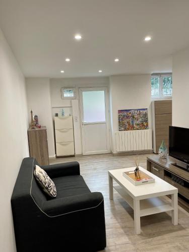 - un salon avec un canapé noir et une table basse dans l'établissement Loft Fourvière, à Lyon