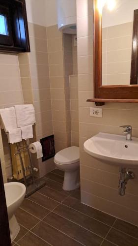 a bathroom with a sink and a toilet and a mirror at Come a casa in Rivisondoli
