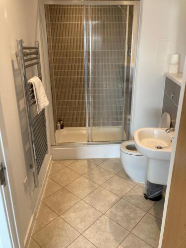a bathroom with a shower and a toilet and a sink at Quayside Apartments in Cardiff