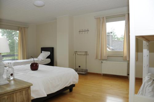 ein Schlafzimmer mit einem weißen Bett und einem Fenster in der Unterkunft Vakantiewoning La Cereza in Oudenaarde