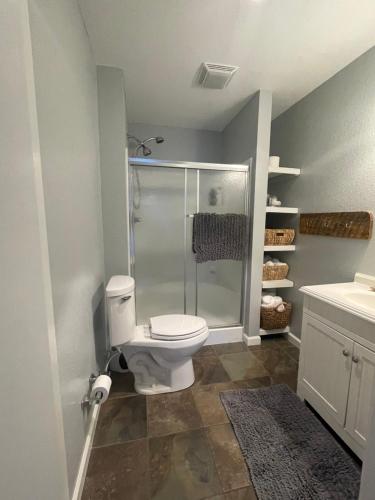 een badkamer met een douche, een toilet en een wastafel bij Dogwood in Dayton