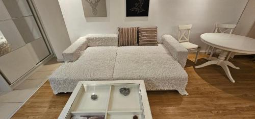 a living room with a couch and a table at Homey 2 Cosmopolis in Ştefăneştii de Jos