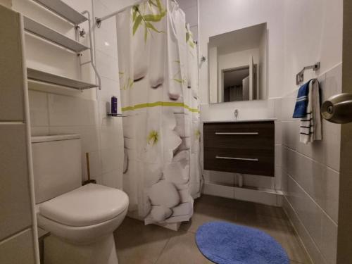 a bathroom with a toilet and a shower curtain at DEPARTAMENTO CENTRAL SAFARI con AIRE ACONDICIONADO y PARKING in Rancagua