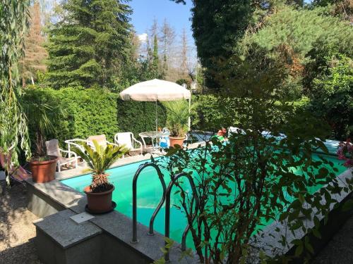 a swimming pool with an umbrella and some plants at Wohnen im Eulengarten in Oranienburg