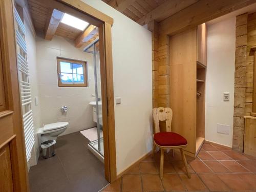 a small bathroom with a toilet and a chair at Chalet Kleinbergsonne in Filzmoos