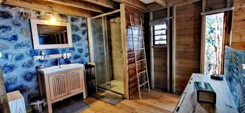 a bathroom with a sink and a shower at Maison Harmonie Atypique in Saint-Leu