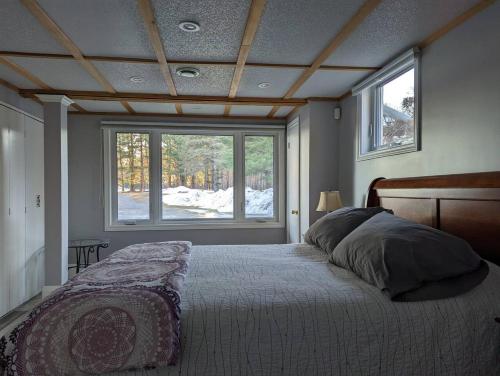 1 dormitorio con cama y ventana grande en South Bay Runaway Cottage, en Lakefield