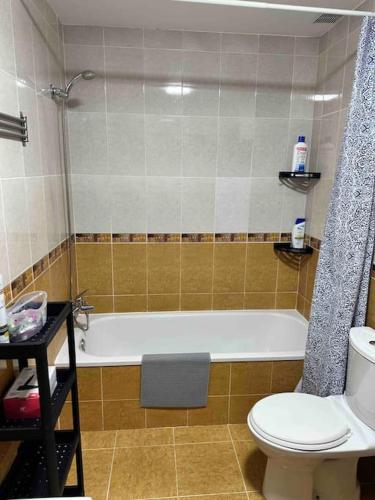 a bathroom with a tub and a toilet and a sink at Apartamento con vistas a la montaña in Infiesto