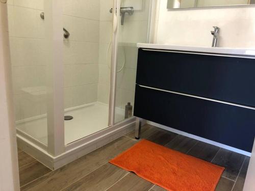 y baño con ducha y bañera con alfombra naranja. en Moulin de l’aubier, en Fouras