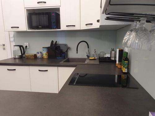 a kitchen with a sink and a microwave at Z-1 Kraków Old Town O&P ApartFamily in Kraków