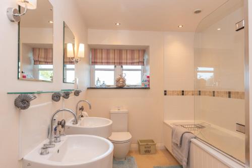 a bathroom with a sink and a toilet and a mirror at Spreacombe Lodge in Woolacombe
