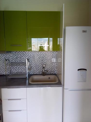 a kitchen with a sink and a white refrigerator at Daisy luxury in Piraeus