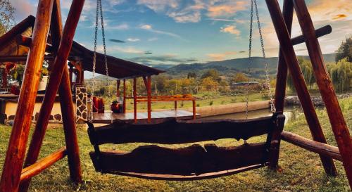 a swing at a playground with a view of a mountain at Căsuța din livezi in Suceava