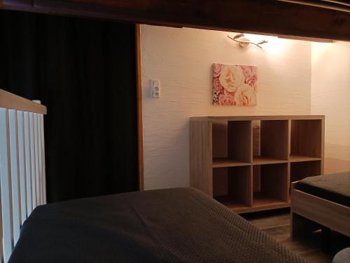 ein Schlafzimmer mit einem Bett und einem Bücherregal in der Unterkunft L'Appart de Karine et Nico in Gruissan