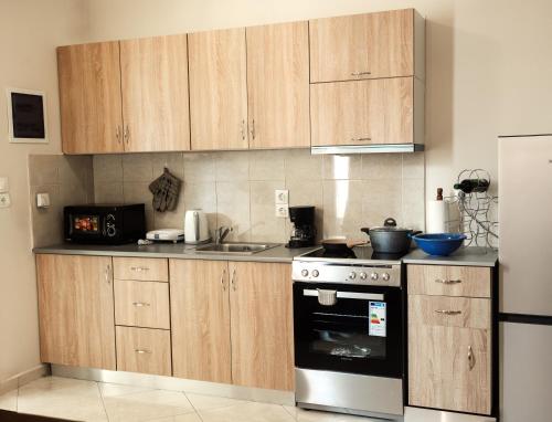 a kitchen with wooden cabinets and a stove at Evzoi in Chalkida