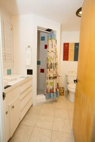 a bathroom with a shower curtain and a toilet at ON THE SAND!! Private Beach! OCEAN FRONT HOT TUB!! in Dana Point
