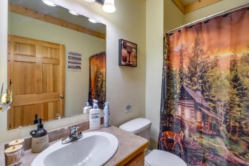 baño con lavabo y cortina de ducha en Pet-Friendly Garrison Retreat with Gas Fireplace!, en Garrison