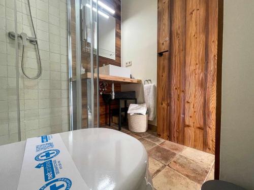 uma casa de banho com um WC e uma cabina de duche em vidro. em Puigcerdà Cal Gatesques 4 em Puigcerdà