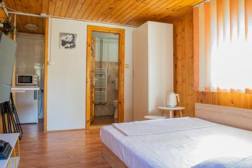 1 Schlafzimmer mit einem großen Bett und einem Badezimmer in der Unterkunft Mountain VISTA, Bușteni in Buşteni