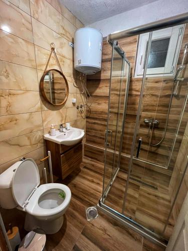 a bathroom with a shower and a toilet and a sink at Villa & Apartments Cityview Ohrid in Ohrid
