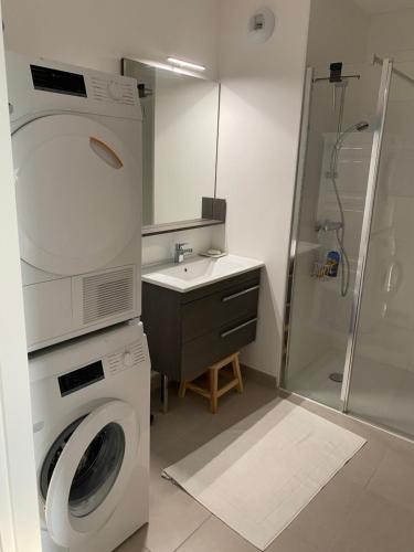 een badkamer met een wasmachine en een wastafel bij À 2 pas de la plage in Saint-Pierre-Quiberon