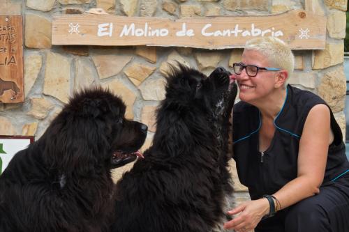 une femme assise à côté de deux chiens devant un mur de pierre dans l'établissement Posada Pet Friendly El Molino de Cantabria, à Entrambasaguas