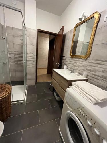a bathroom with a washing machine and a sink at Locanda Seggiovia in Recoaro Terme