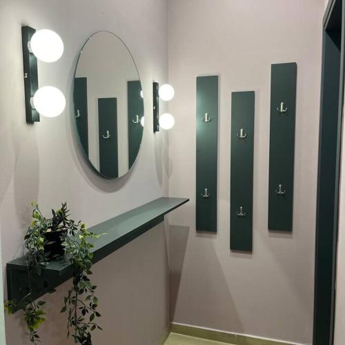 a bathroom with a mirror and a counter with a plant at KM Ethnikis Amynis B in Drama