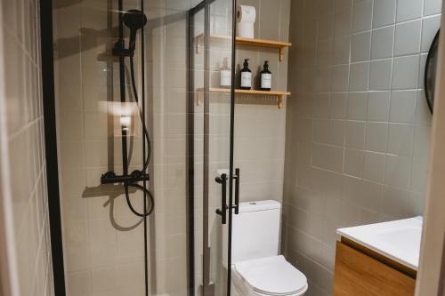 een badkamer met een douche, een toilet en een wastafel bij Boshuisje Rekem - Alma in Lanaken