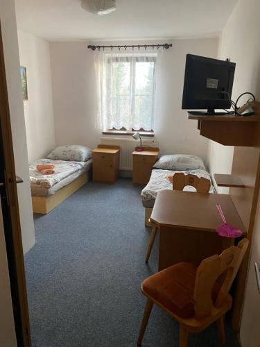 a room with two beds and a desk and a television at Penzion na Bystřici in Miletín