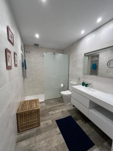 een badkamer met een wastafel, een toilet en een douche bij La Chabola in Sobarzo