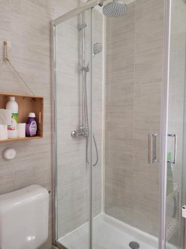 W łazience znajduje się prysznic ze szklanymi drzwiami. w obiekcie Studio refait à neuf avec balcon Ouest Résidence Le Galaxie w mieście Villard-de-Lans