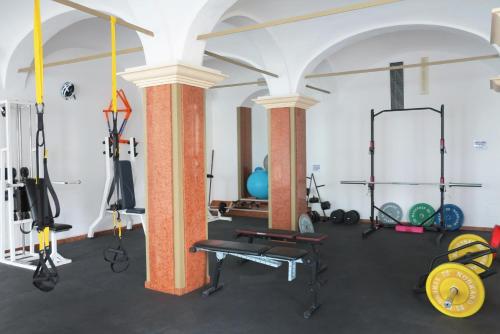 un gimnasio con dos columnas y varios equipos en ZAPPI CYCLING HOTEL en Riolo Terme