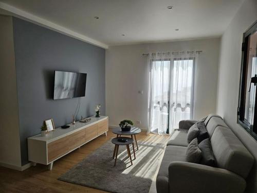 a living room with a couch and a tv at Pedreira apartment in Calheta