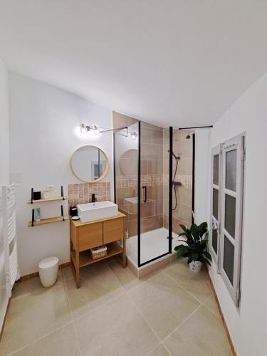 La salle de bains est pourvue d'un lavabo et d'une douche en verre. dans l'établissement Appartement lumineux , Carpentras centre, à Carpentras