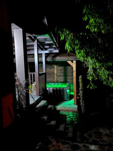 a house with a swimming pool at night at Modern Village in Nowinka