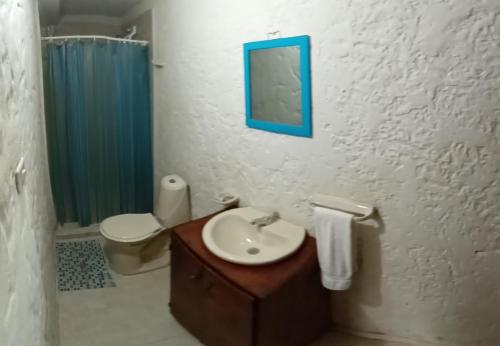a bathroom with a sink and a toilet and a mirror at Villa Margarita in Puerto Colombia