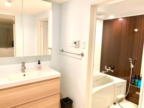 a bathroom with a sink and a toilet and a mirror at HOTEL SANDRIVER ISHIGAKIJIMA - Vacation STAY 91476v in Ishigaki Island
