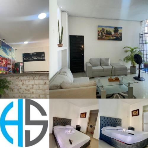 un collage di immagini di un soggiorno con divano di HOTEL SANTA MONICA a Barranquilla