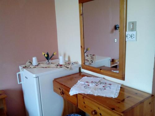 a bathroom with a refrigerator and a mirror at Hotel Bella Vista in Samos