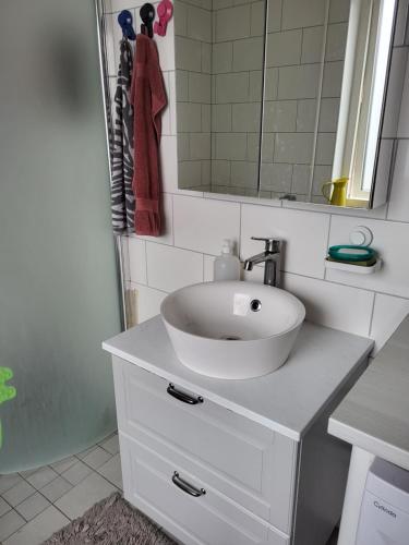 ein Badezimmer mit einem weißen Waschbecken und einem Spiegel in der Unterkunft Sahlin - Kattarp in Kattarp