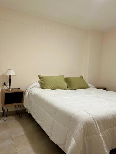 ラファエラにあるDepartamento céntrico en Rafaelaのベッドルーム(大きな白いベッド1台、ナイトスタンド付)