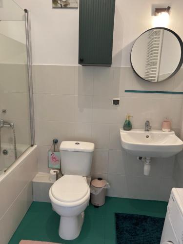 La salle de bains est pourvue de toilettes, d'un lavabo et d'un miroir. dans l'établissement Apartament Pastelowy, à Cracovie