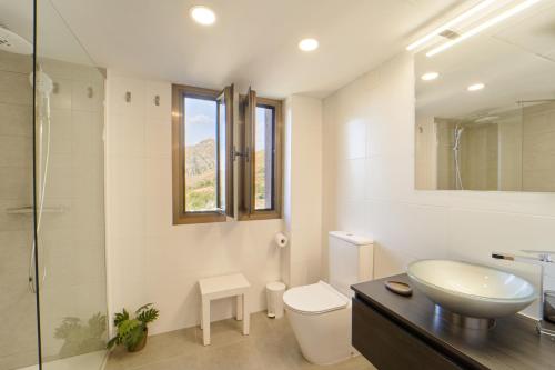 bagno con lavandino, servizi igienici e specchio di Apartamento Baqueira pie pistas cota 1500 a Baqueira-Beret