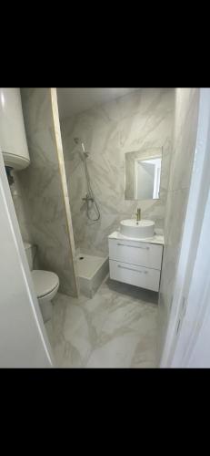 a bathroom with a sink and a toilet and a mirror at Appartement beau in Drancy