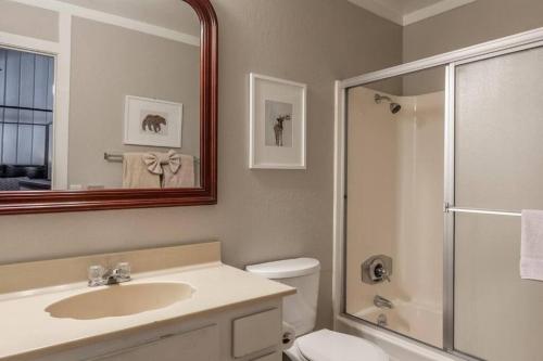 a bathroom with a toilet and a sink and a shower at Epic Condo walk to Canyon Lodge in Mammoth Lakes