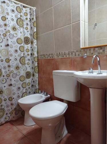 a bathroom with a toilet and a sink and a shower curtain at Casa Ruca Lawen in Sierra de la Ventana