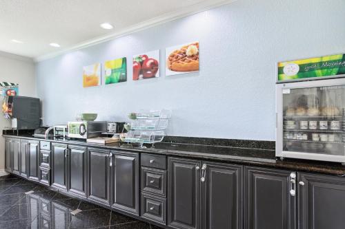 a kitchen with black cabinets and a counter top at Quality Inn & Suites Slidell in Slidell